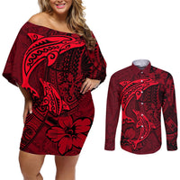 Polynesian Dolphin Valentine Day Couples Matching Off Shoulder Short Dress and Long Sleeve Button Shirt Hibiscus and Tribal Tattoo Red Style LT03 Red - Polynesian Pride