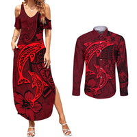 Polynesian Dolphin Valentine Day Couples Matching Summer Maxi Dress and Long Sleeve Button Shirt Hibiscus and Tribal Tattoo Red Style LT03 Red - Polynesian Pride