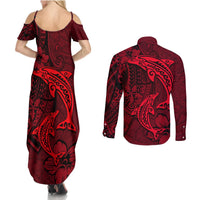 Polynesian Dolphin Valentine Day Couples Matching Summer Maxi Dress and Long Sleeve Button Shirt Hibiscus and Tribal Tattoo Red Style LT03 - Polynesian Pride