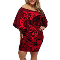 Polynesian Dolphin Valentine Day Off Shoulder Short Dress Hibiscus and Tribal Tattoo Red Style LT03 Women Red - Polynesian Pride