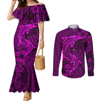 Polynesian Dolphin Valentine Day Couples Matching Mermaid Dress and Long Sleeve Button Shirt Hibiscus and Tribal Tattoo Pink Style LT03 Pink - Polynesian Pride