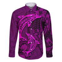 Polynesian Dolphin Valentine Day Family Matching Long Sleeve Bodycon Dress and Hawaiian Shirt Hibiscus and Tribal Tattoo Pink Style LT03 Dad's Shirt - Long Sleeve Pink - Polynesian Pride