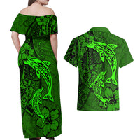 Polynesian Dolphin Valentine Day Couples Matching Off Shoulder Maxi Dress and Hawaiian Shirt Hibiscus and Tribal Tattoo Green Style LT03 - Polynesian Pride