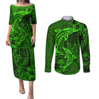 Polynesian Dolphin Valentine Day Couples Matching Puletasi and Long Sleeve Button Shirt Hibiscus and Tribal Tattoo Green Style LT03 Green - Polynesian Pride