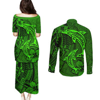 Polynesian Dolphin Valentine Day Couples Matching Puletasi and Long Sleeve Button Shirt Hibiscus and Tribal Tattoo Green Style LT03 - Polynesian Pride