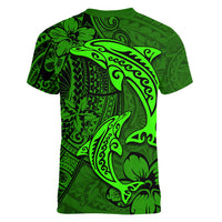Polynesian Dolphin Valentine Day Women V Neck T Shirt Hibiscus and Tribal Tattoo Green Style LT03 - Polynesian Pride