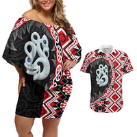 Red Taniko Motif Aotearoa Manaia and Silver Fern Couples Matching Off Shoulder Short Dress and Hawaiian Shirt