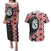Red Taniko Motif Aotearoa Manaia and Silver Fern Couples Matching Puletasi and Hawaiian Shirt