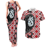 Red Taniko Motif Aotearoa Manaia and Silver Fern Couples Matching Tank Maxi Dress and Hawaiian Shirt