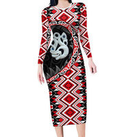 Red Taniko Motif Aotearoa Manaia and Silver Fern Family Matching Long Sleeve Bodycon Dress and Hawaiian Shirt