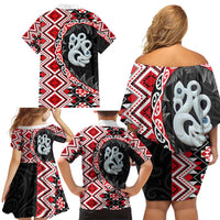 Red Taniko Motif Aotearoa Manaia and Silver Fern Family Matching Off Shoulder Short Dress and Hawaiian Shirt