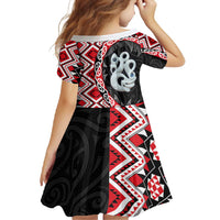 Red Taniko Motif Aotearoa Manaia and Silver Fern Family Matching Short Sleeve Bodycon Dress and Hawaiian Shirt