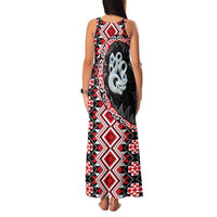 Red Taniko Motif Aotearoa Manaia and Silver Fern Family Matching Tank Maxi Dress and Hawaiian Shirt