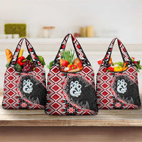 Red Taniko Motif Aotearoa Manaia and Silver Fern Grocery Bag