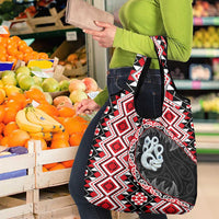 Red Taniko Motif Aotearoa Manaia and Silver Fern Grocery Bag