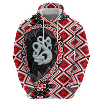 Red Taniko Motif Aotearoa Manaia and Silver Fern Zip Hoodie LT03 - Polynesian Pride