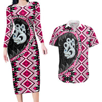 Pink Taniko Motif Aotearoa Manaia and Silver Fern Couples Matching Long Sleeve Bodycon Dress and Hawaiian Shirt