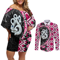 Pink Taniko Motif Aotearoa Manaia and Silver Fern Couples Matching Off Shoulder Short Dress and Long Sleeve Button Shirt