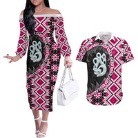 Pink Taniko Motif Aotearoa Manaia and Silver Fern Couples Matching Off The Shoulder Long Sleeve Dress and Hawaiian Shirt
