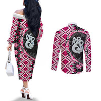 Pink Taniko Motif Aotearoa Manaia and Silver Fern Couples Matching Off The Shoulder Long Sleeve Dress and Long Sleeve Button Shirt LT03 - Polynesian Pride