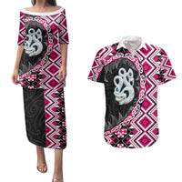 Pink Taniko Motif Aotearoa Manaia and Silver Fern Couples Matching Puletasi and Hawaiian Shirt