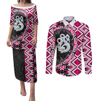 Pink Taniko Motif Aotearoa Manaia and Silver Fern Couples Matching Puletasi and Long Sleeve Button Shirt