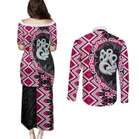 Pink Taniko Motif Aotearoa Manaia and Silver Fern Couples Matching Puletasi and Long Sleeve Button Shirt