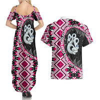 Pink Taniko Motif Aotearoa Manaia and Silver Fern Couples Matching Summer Maxi Dress and Hawaiian Shirt