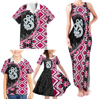 Pink Taniko Motif Aotearoa Manaia and Silver Fern Family Matching Tank Maxi Dress and Hawaiian Shirt