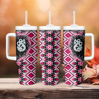 Pink Taniko Motif Aotearoa Manaia and Silver Fern Tumbler With Handle
