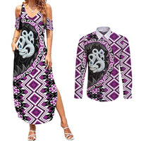 Purple Taniko Motif Aotearoa Manaia and Silver Fern Couples Matching Summer Maxi Dress and Long Sleeve Button Shirt