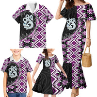 Purple Taniko Motif Aotearoa Manaia and Silver Fern Family Matching Mermaid Dress and Hawaiian Shirt