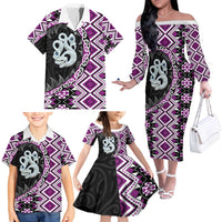 Purple Taniko Motif Aotearoa Manaia and Silver Fern Family Matching Off The Shoulder Long Sleeve Dress and Hawaiian Shirt