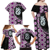 Purple Taniko Motif Aotearoa Manaia and Silver Fern Family Matching Off Shoulder Maxi Dress and Hawaiian Shirt