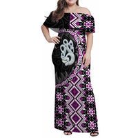 Purple Taniko Motif Aotearoa Manaia and Silver Fern Family Matching Off Shoulder Maxi Dress and Hawaiian Shirt