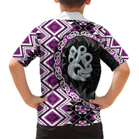 Purple Taniko Motif Aotearoa Manaia and Silver Fern Family Matching Short Sleeve Bodycon Dress and Hawaiian Shirt