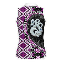 Purple Taniko Motif Aotearoa Manaia and Silver Fern Women Sleeveless Polo Shirt LT03 - Polynesian Pride