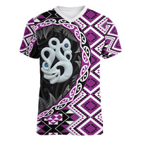 Purple Taniko Motif Aotearoa Manaia and Silver Fern Women V-Neck T-Shirt LT03 Female Purple - Polynesian Pride
