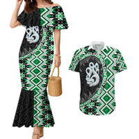 Green Taniko Motif Aotearoa Manaia and Silver Fern Couples Matching Mermaid Dress and Hawaiian Shirt