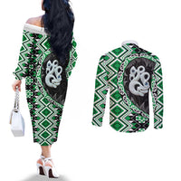 Green Taniko Motif Aotearoa Manaia and Silver Fern Couples Matching Off The Shoulder Long Sleeve Dress and Long Sleeve Button Shirt LT03 - Polynesian Pride