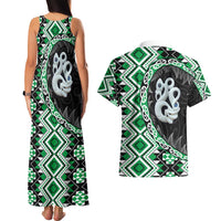 Green Taniko Motif Aotearoa Manaia and Silver Fern Couples Matching Tank Maxi Dress and Hawaiian Shirt