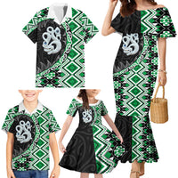Green Taniko Motif Aotearoa Manaia and Silver Fern Family Matching Mermaid Dress and Hawaiian Shirt