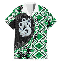 Green Taniko Motif Aotearoa Manaia and Silver Fern Family Matching Mermaid Dress and Hawaiian Shirt
