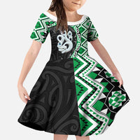 Green Taniko Motif Aotearoa Manaia and Silver Fern Family Matching Off Shoulder Maxi Dress and Hawaiian Shirt