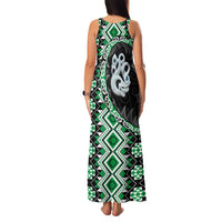 Green Taniko Motif Aotearoa Manaia and Silver Fern Family Matching Tank Maxi Dress and Hawaiian Shirt
