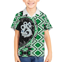 Green Taniko Motif Aotearoa Manaia and Silver Fern Hawaiian Shirt