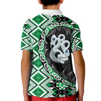 Green Taniko Motif Aotearoa Manaia and Silver Fern Kid Polo Shirt