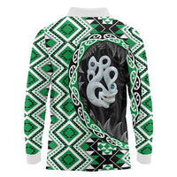 Green Taniko Motif Aotearoa Manaia and Silver Fern Long Sleeve Polo Shirt LT03 - Polynesian Pride