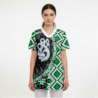 Green Taniko Motif Aotearoa Manaia and Silver Fern Scrub Top - Polynesian Pride