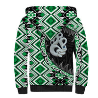 Green Taniko Motif Aotearoa Manaia and Silver Fern Sherpa Hoodie